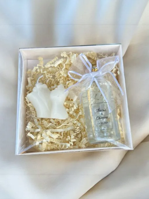 Mini Çift Mum ve İnci Detaylı Kolonya -1 Beyaz Asetat Kutu İçinde Hediyelik Set - Görsel 3
